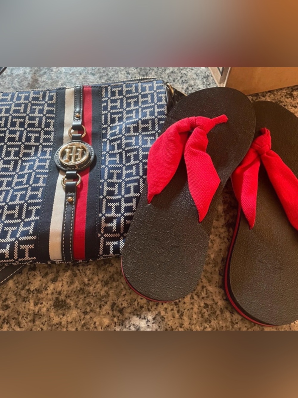 Tommy Hilfiger Navy, Red & White Logo Crossbody with Red Fabric Knot Sandals